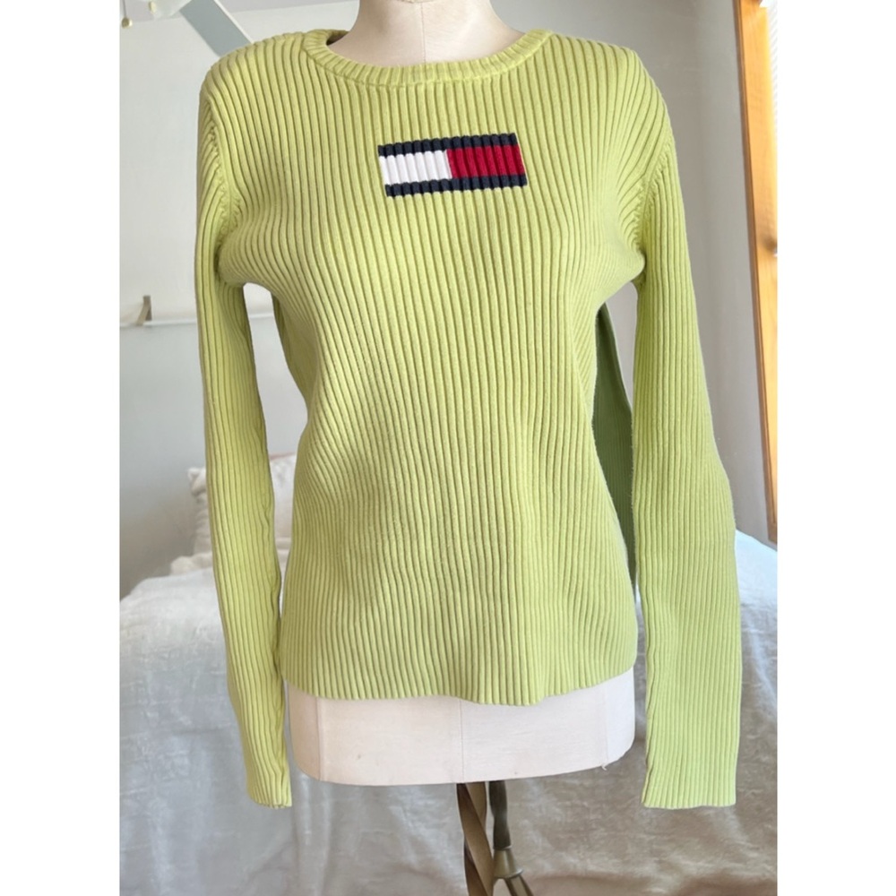 Vintage 90s Tommy Hilfiger Green Logo Knit Sweater